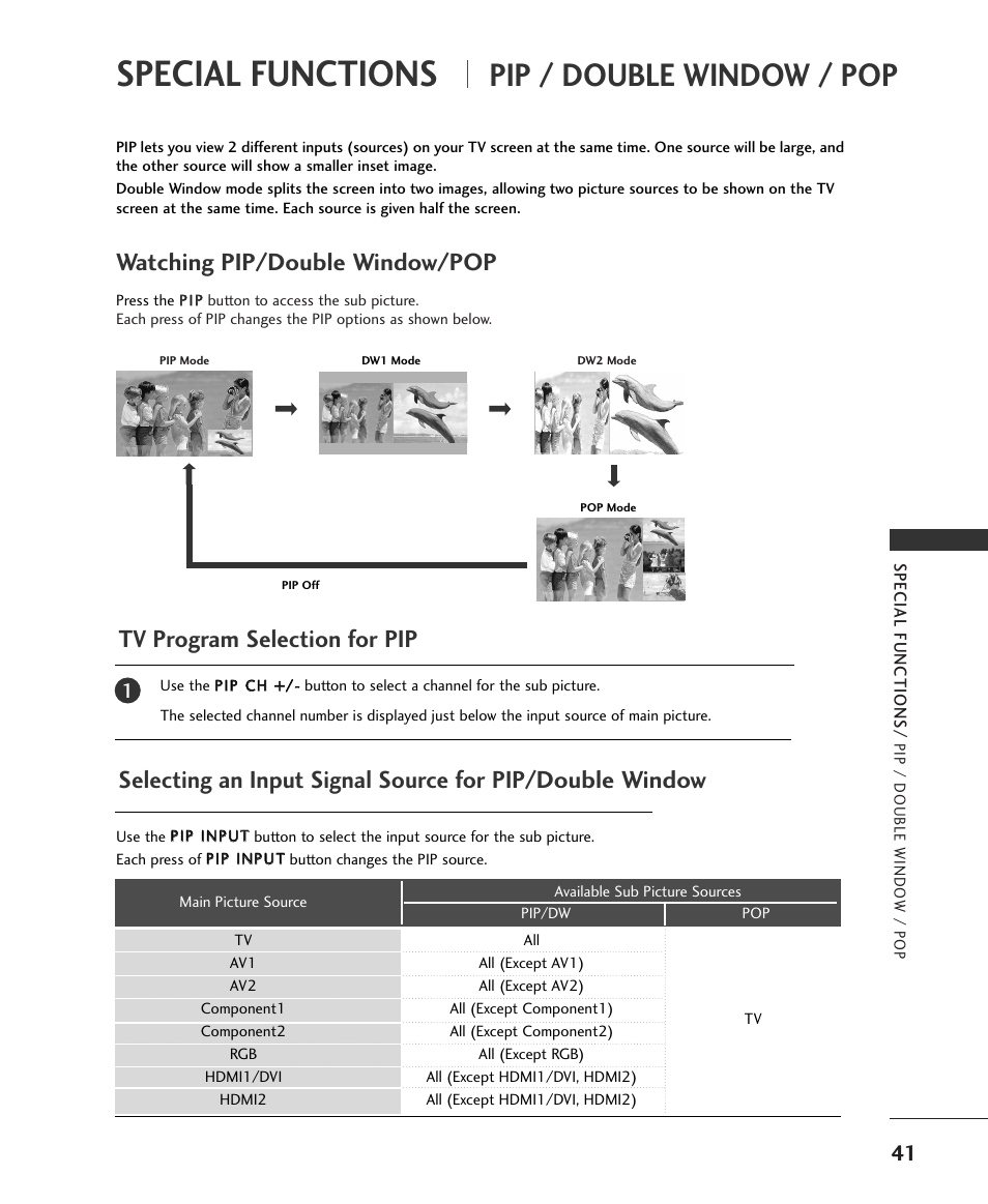 Special functions, Pip / double window / pop, Watching pip/double window/pop | Tv program selection for pip | LG 37LC2RR User Manual | Page 43 / 90