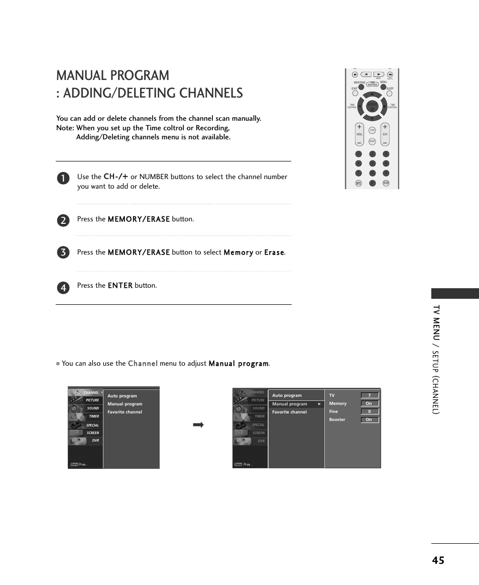 Manual program : adding/deleting channels, Tv menu, Setup (channel ) | LG 37LC2RR User Manual | Page 47 / 90