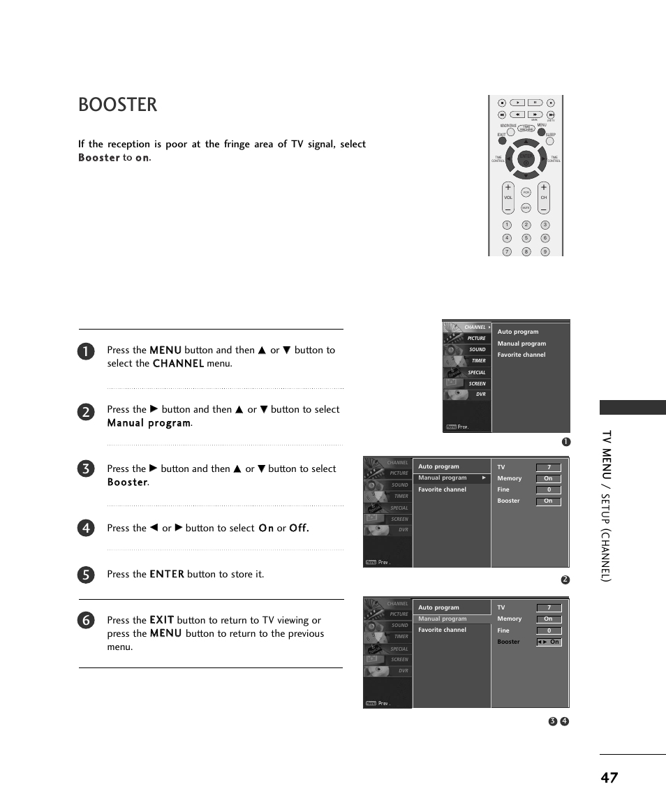 Booster, Tv menu, Setup (channel ) | Button and then, Button to select b bo oo osstteerr. press the | LG 37LC2RR User Manual | Page 49 / 90