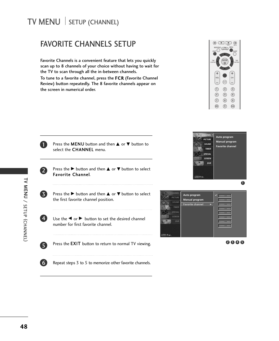 Favorite channels setup, Setup (channel), Tv menu | Setup (channel ), Button and then | LG 37LC2RR User Manual | Page 50 / 90
