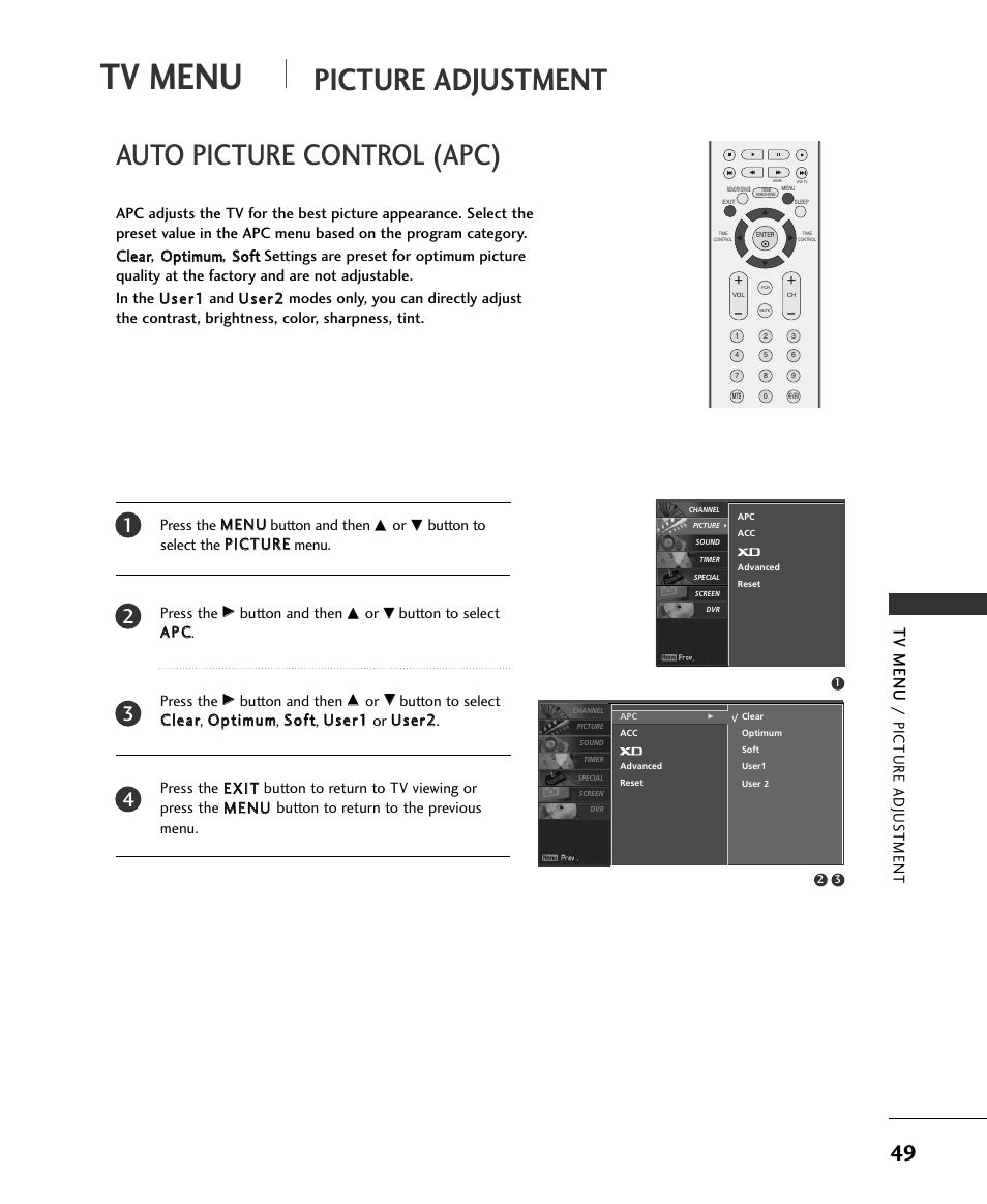 Picture adjustment, Auto picture control (apc), Tv menu | Picture adjus tment | LG 37LC2RR User Manual | Page 51 / 90