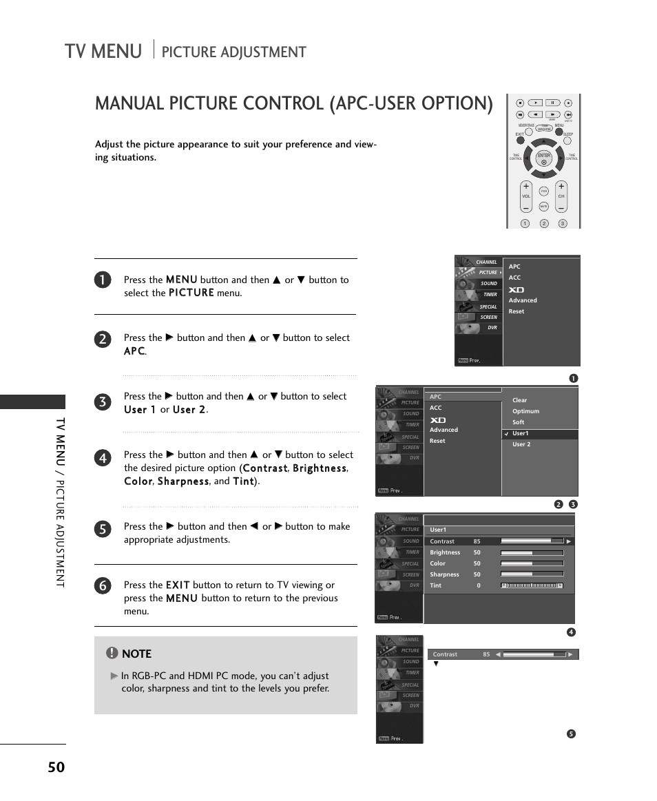 Tv menu, Manual picture control (apc-user option), Picture adjustment | Picture adjus tment, Button and then | LG 37LC2RR User Manual | Page 52 / 90