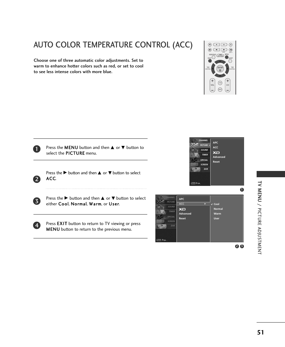 Auto color temperature control (acc), Tv menu, Picture adjus tment | LG 37LC2RR User Manual | Page 53 / 90