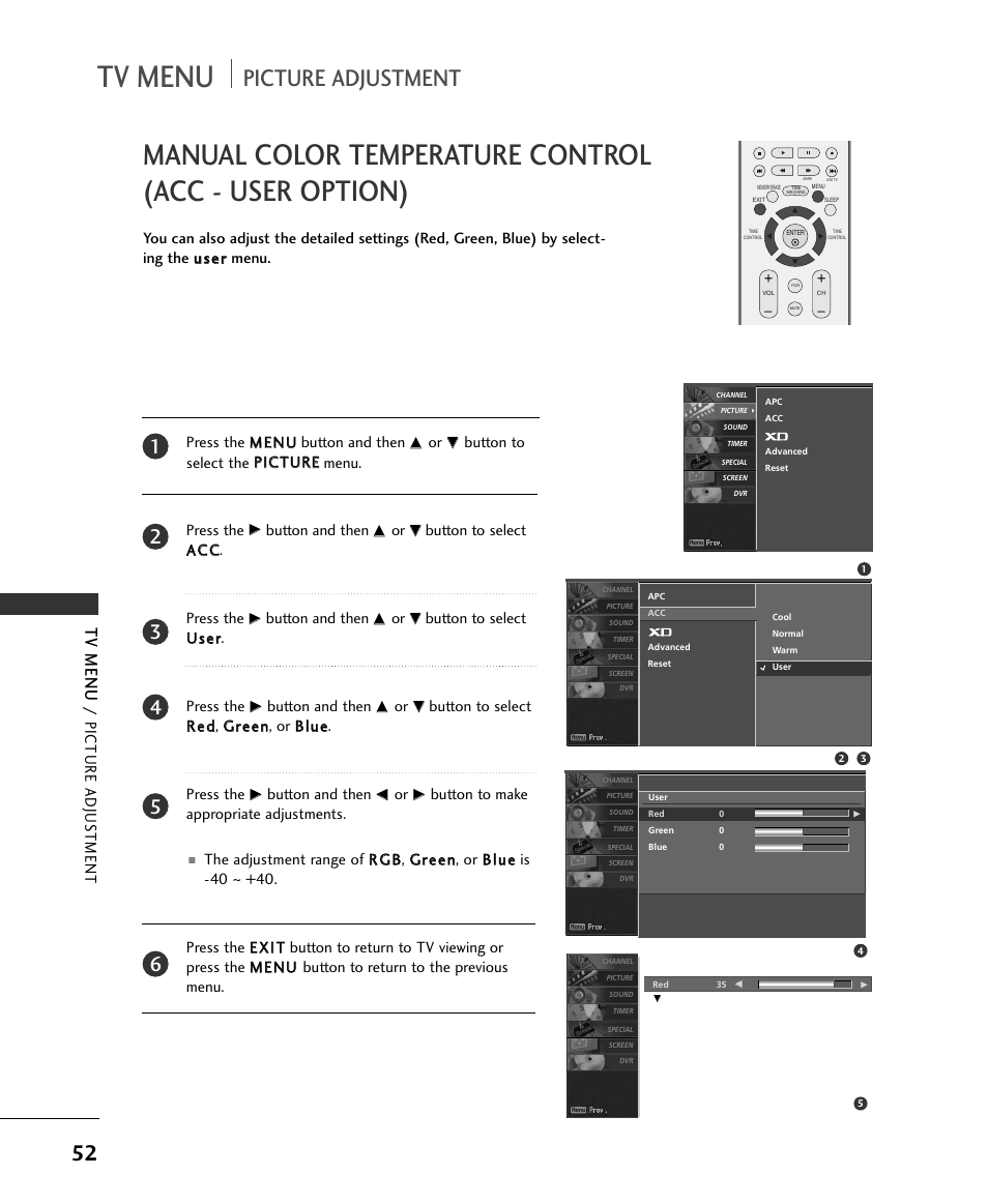 Tv menu, Picture adjustment, Picture adjus tment | Button and then, Button to select u usseerr. press the, Button to make appropriate adjustments | LG 37LC2RR User Manual | Page 54 / 90