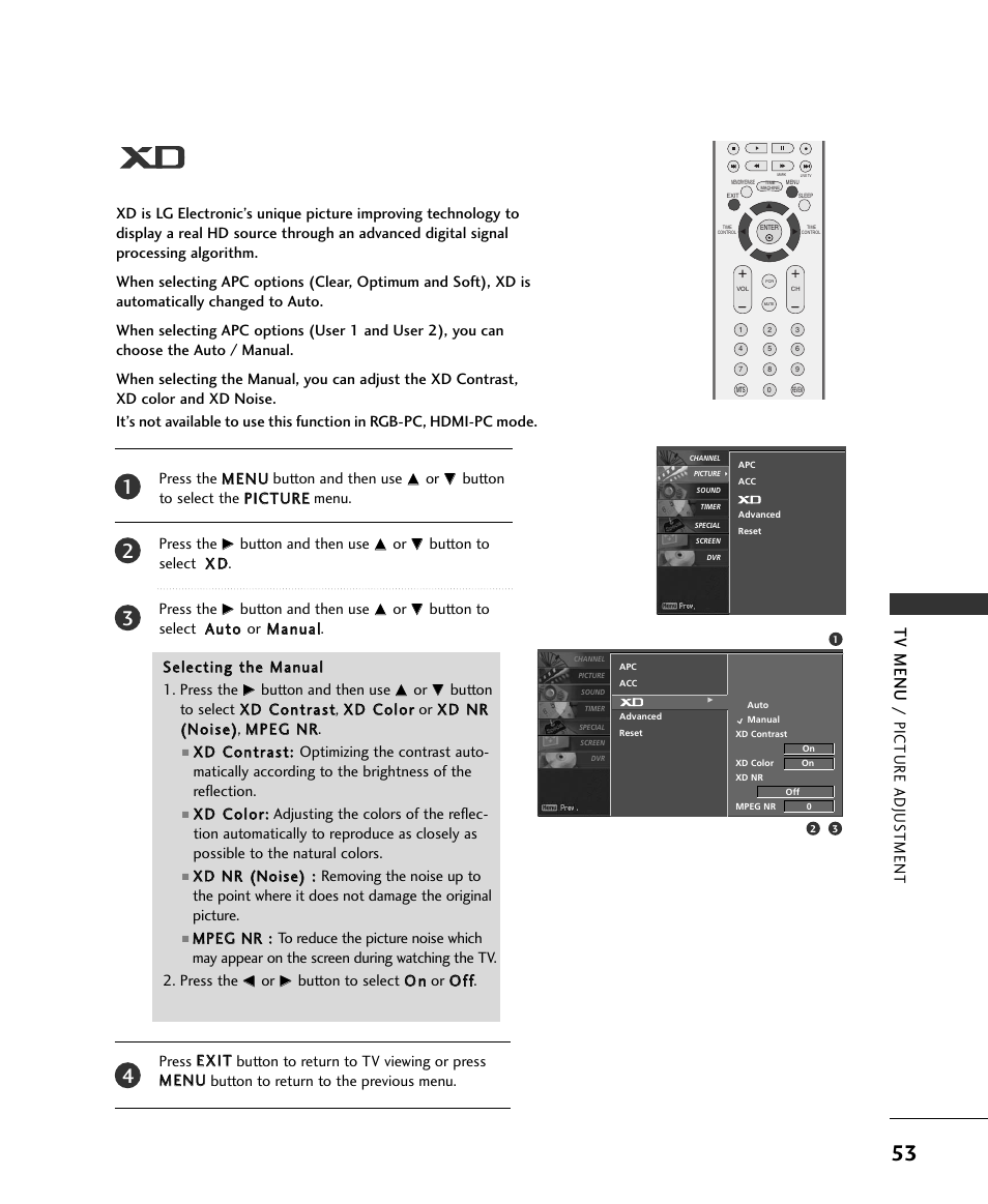 Tv menu, Picture adjus tment | LG 37LC2RR User Manual | Page 55 / 90