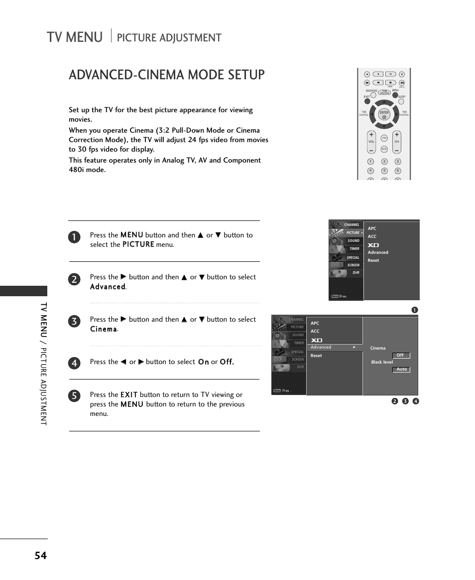 Tv menu, Advanced-cinema mode setup, Picture adjustment | Picture adjus tment | LG 37LC2RR User Manual | Page 56 / 90