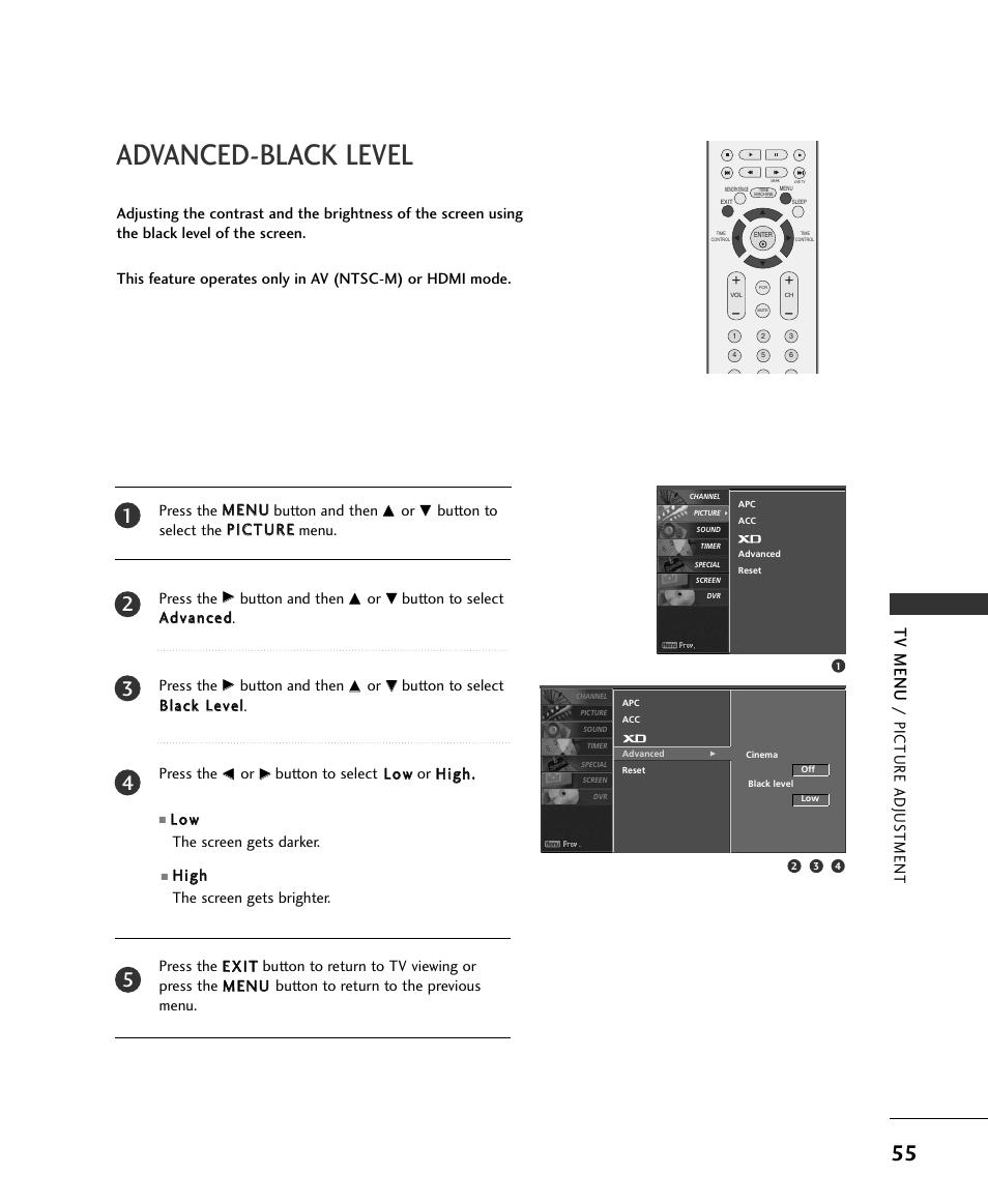 Advanced-black level, Tv menu, Picture adjus tment | LG 37LC2RR User Manual | Page 57 / 90