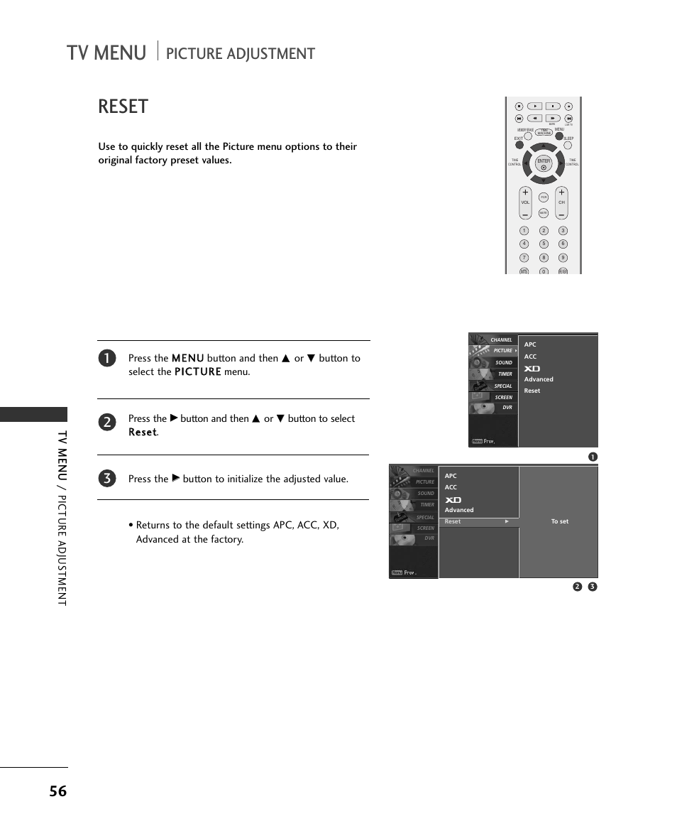 Tv menu, Reset, Picture adjustment | Picture adjus tment, Button and then, Button to select r reesseett. press the | LG 37LC2RR User Manual | Page 58 / 90