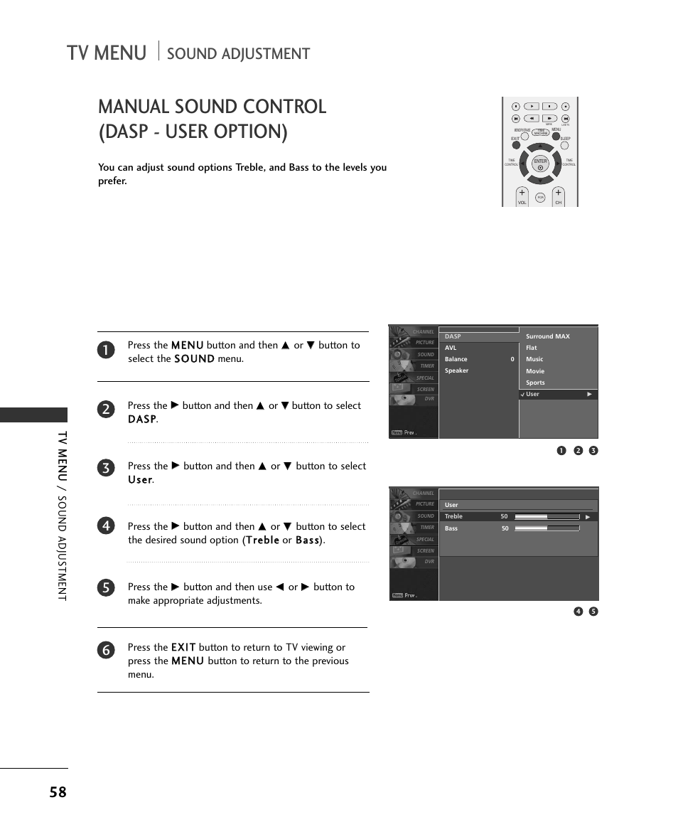 Tv menu, Manual sound control (dasp - user option), Sound adjustment | Sound adjus tment | LG 37LC2RR User Manual | Page 60 / 90