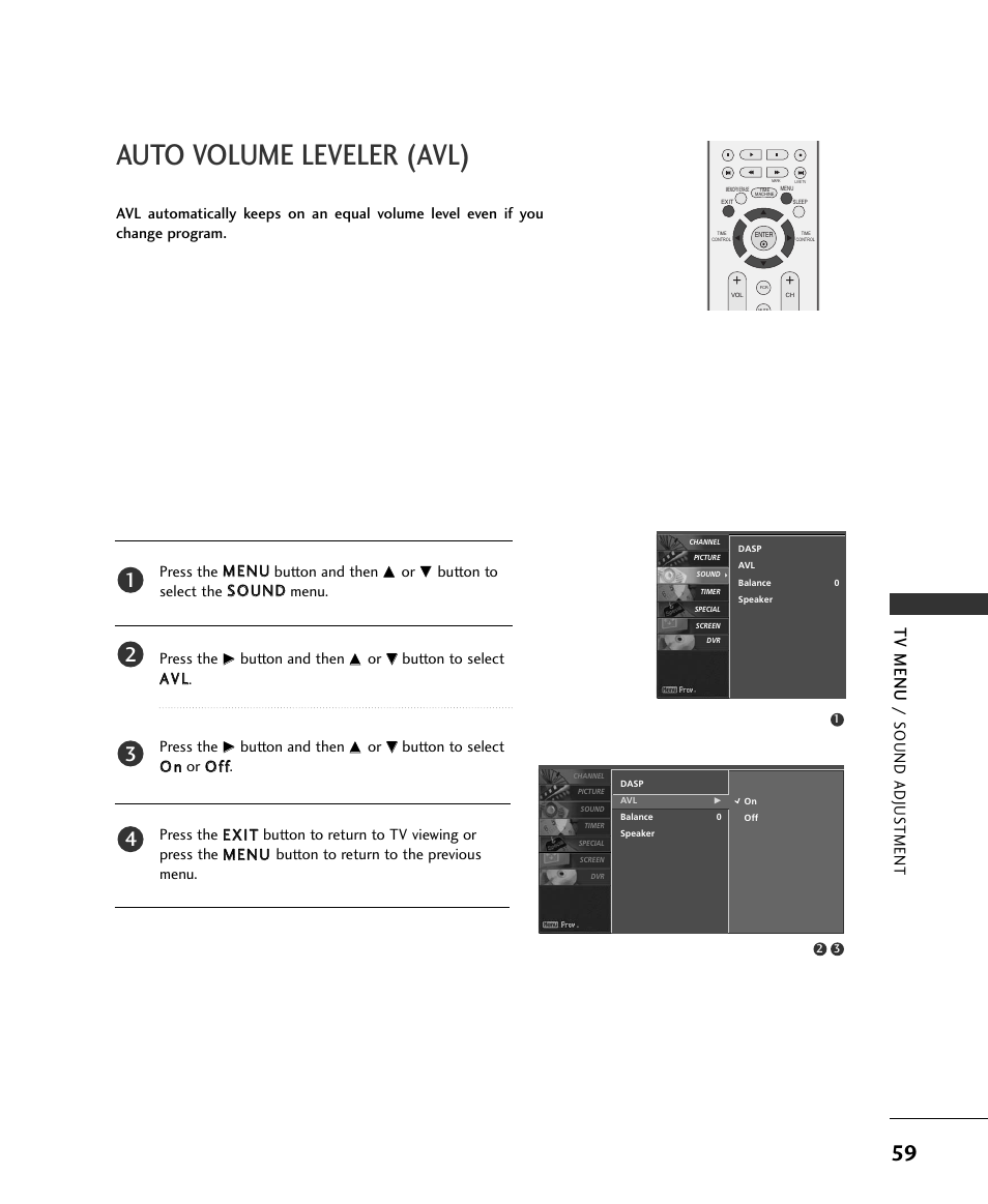 Auto volume leveler (avl), Tv menu, Sound adjus tment | Button and then | LG 37LC2RR User Manual | Page 61 / 90