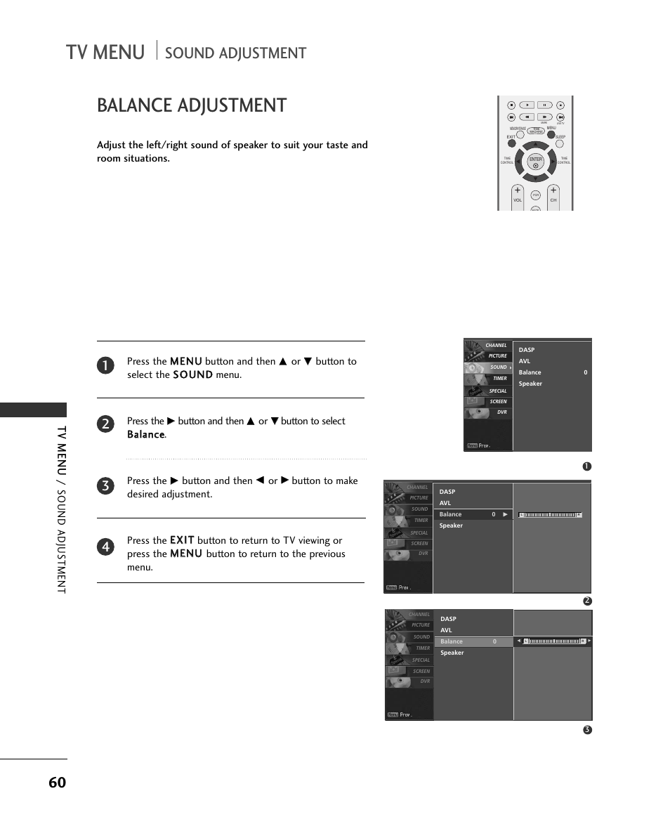 Tv menu, Balance adjustment, Sound adjustment | Sound adjus tment, Button and then, Button to select b baallaan nccee. press the | LG 37LC2RR User Manual | Page 62 / 90