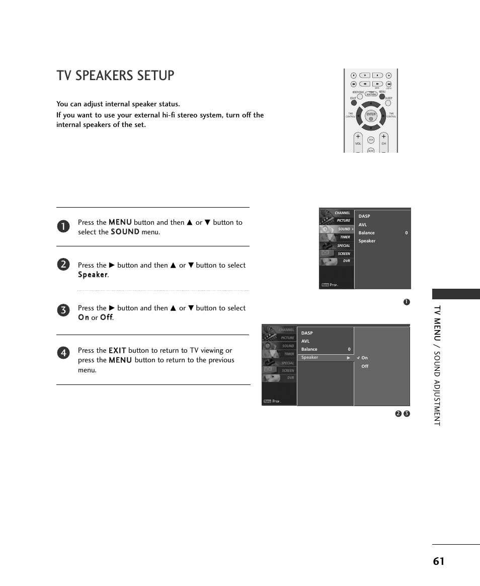 Tv speakers setup, Tv menu, Sound adjus tment | Button and then, Button to select s sp peeaakkeerr. press the | LG 37LC2RR User Manual | Page 63 / 90