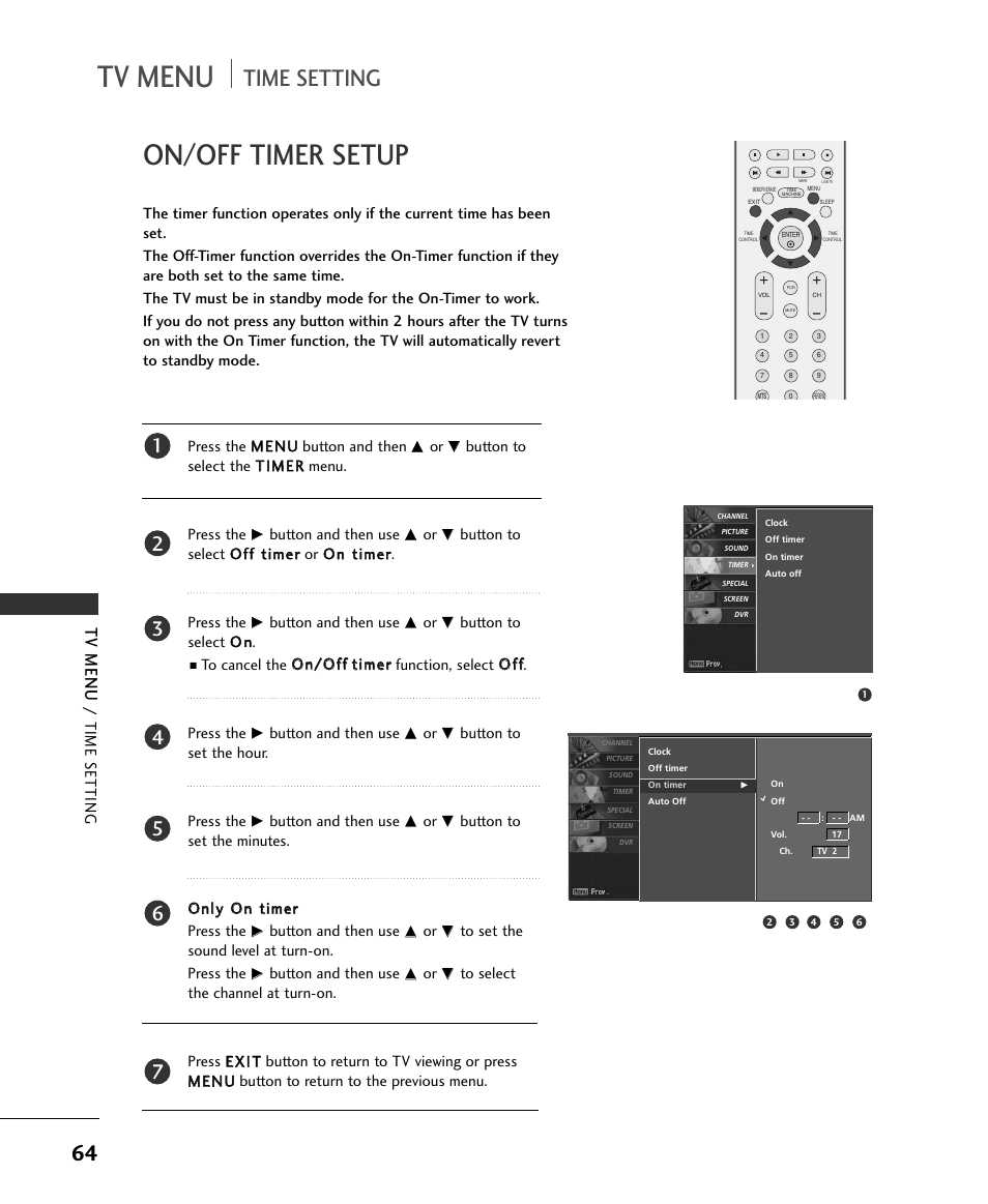 Tv menu, On/off timer setup, Time setting | Time s etting | LG 37LC2RR User Manual | Page 66 / 90