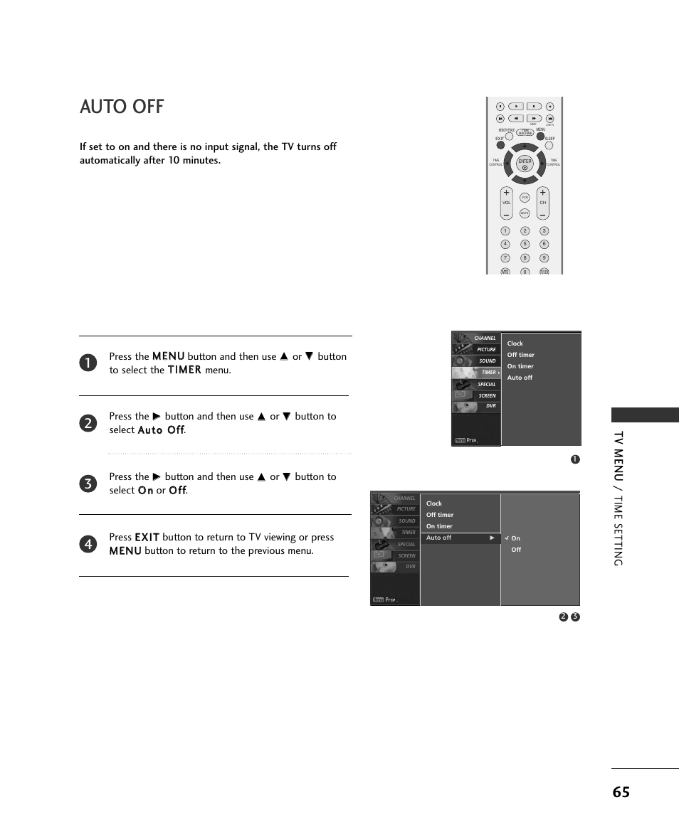 Auto off, Tv menu, Time setting | Button and then use | LG 37LC2RR User Manual | Page 67 / 90