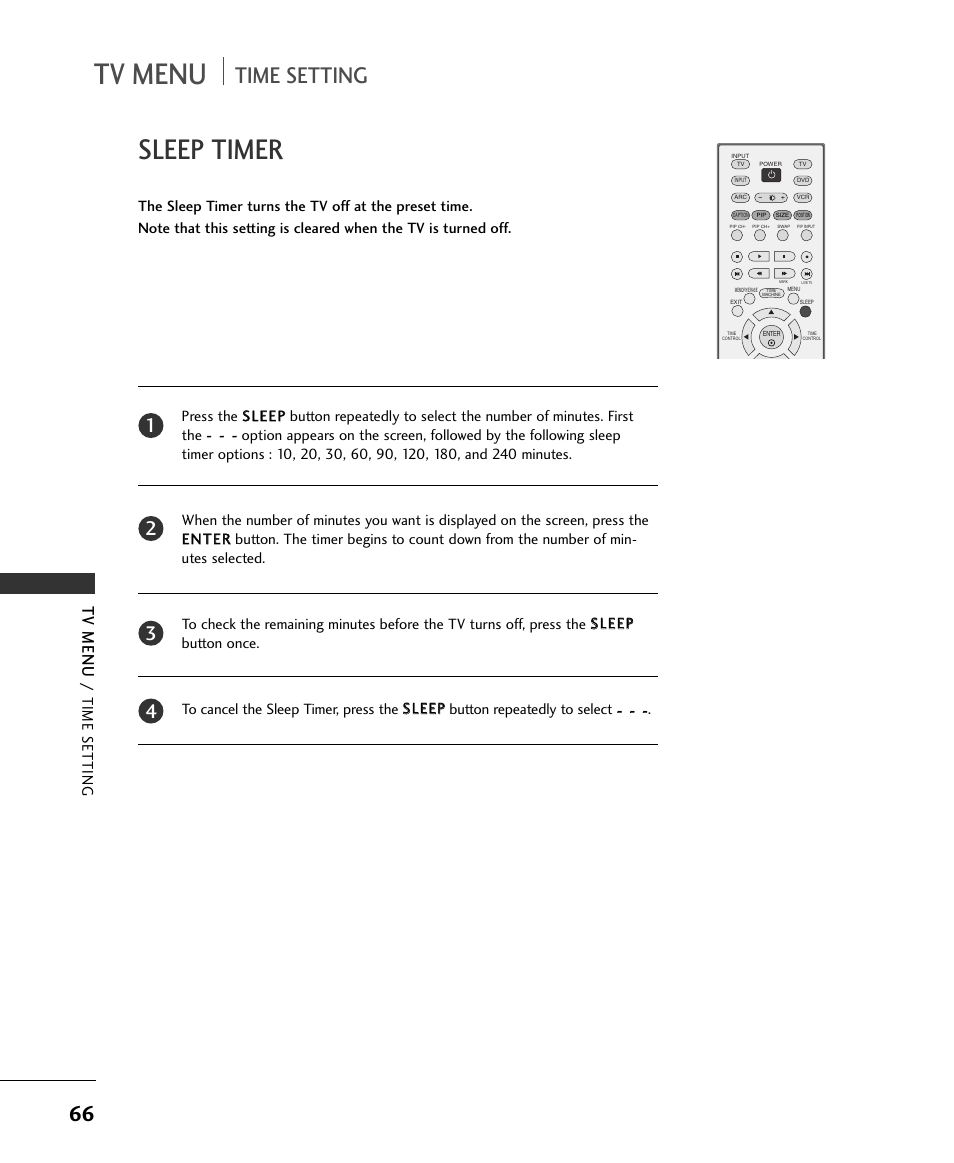 Tv menu, Sleep timer, Time setting | Time s etting | LG 37LC2RR User Manual | Page 68 / 90