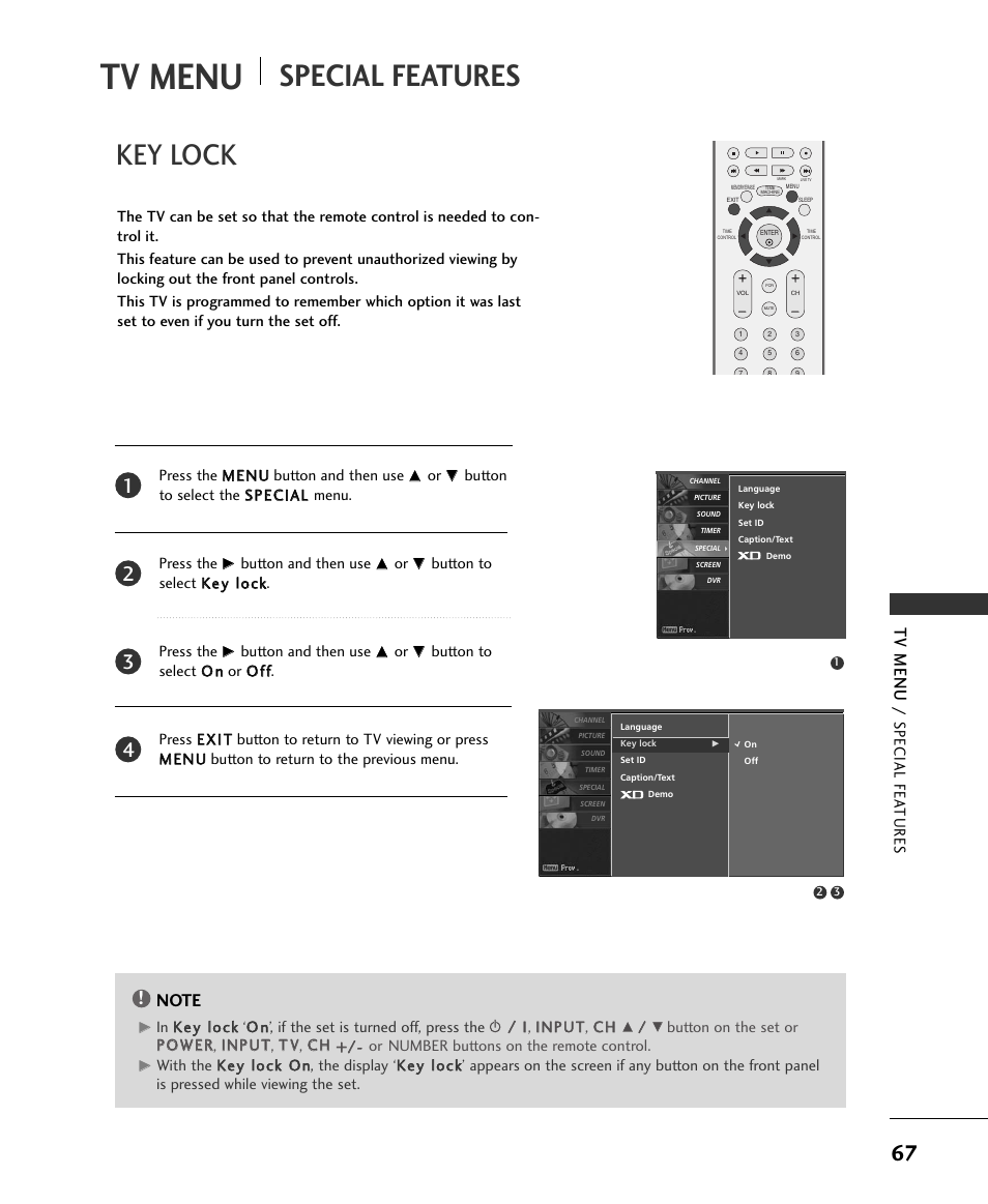 Special features, Key lock, Tv menu | Special fea tures | LG 37LC2RR User Manual | Page 69 / 90