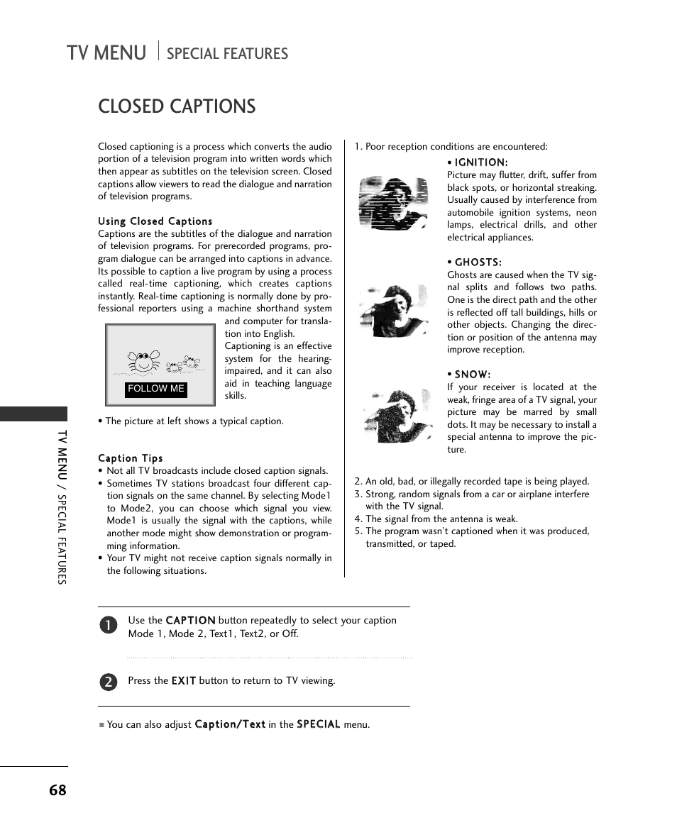 Tv menu, Closed captions, Special features | LG 37LC2RR User Manual | Page 70 / 90