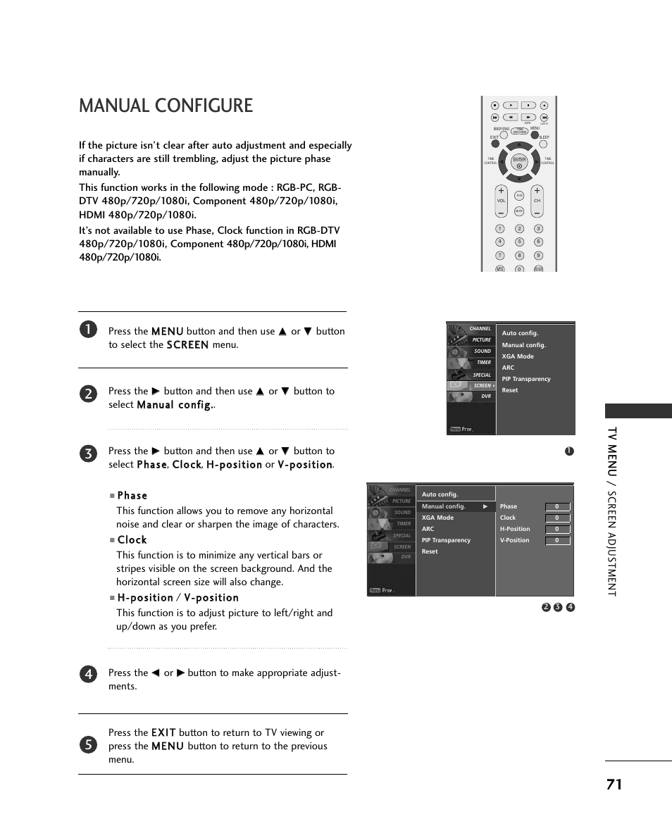 Manual configure, Tv menu, Screen adjus tment | LG 37LC2RR User Manual | Page 73 / 90