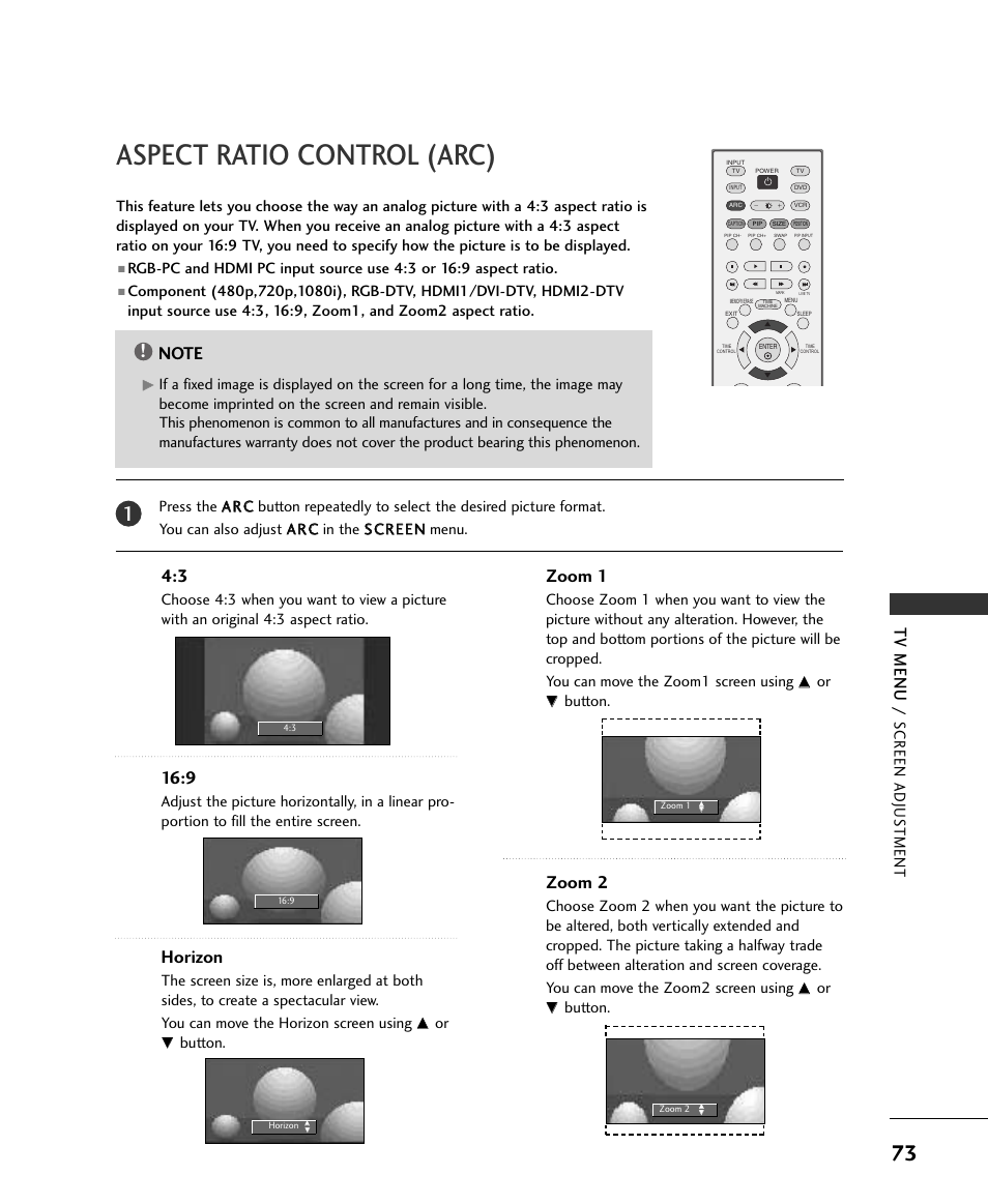 Aspect ratio control (arc), Tv menu, Horizon | Zoom 1, Zoom 2, Screen adjus tment, Button | LG 37LC2RR User Manual | Page 75 / 90