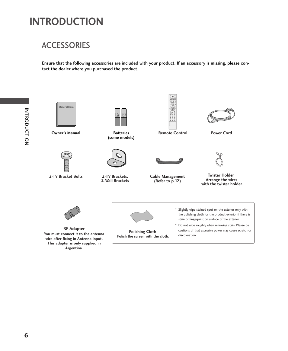Introduction, Accessories | LG 37LC2RR User Manual | Page 8 / 90