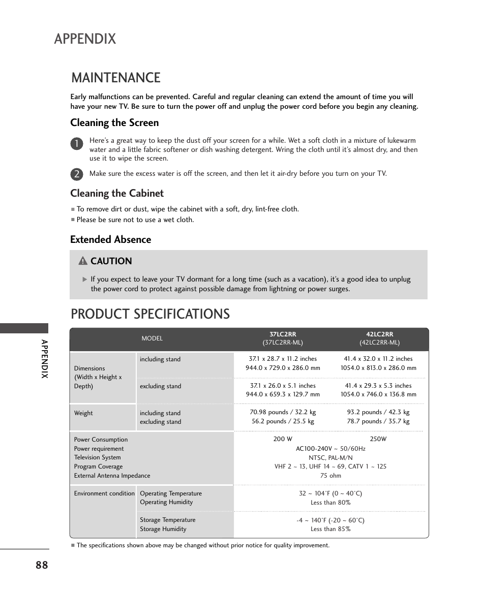 Appendix, Maintenance, Product specifications | Cleaning the screen, Cleaning the cabinet, Extended absence, Caution | LG 37LC2RR User Manual | Page 90 / 90
