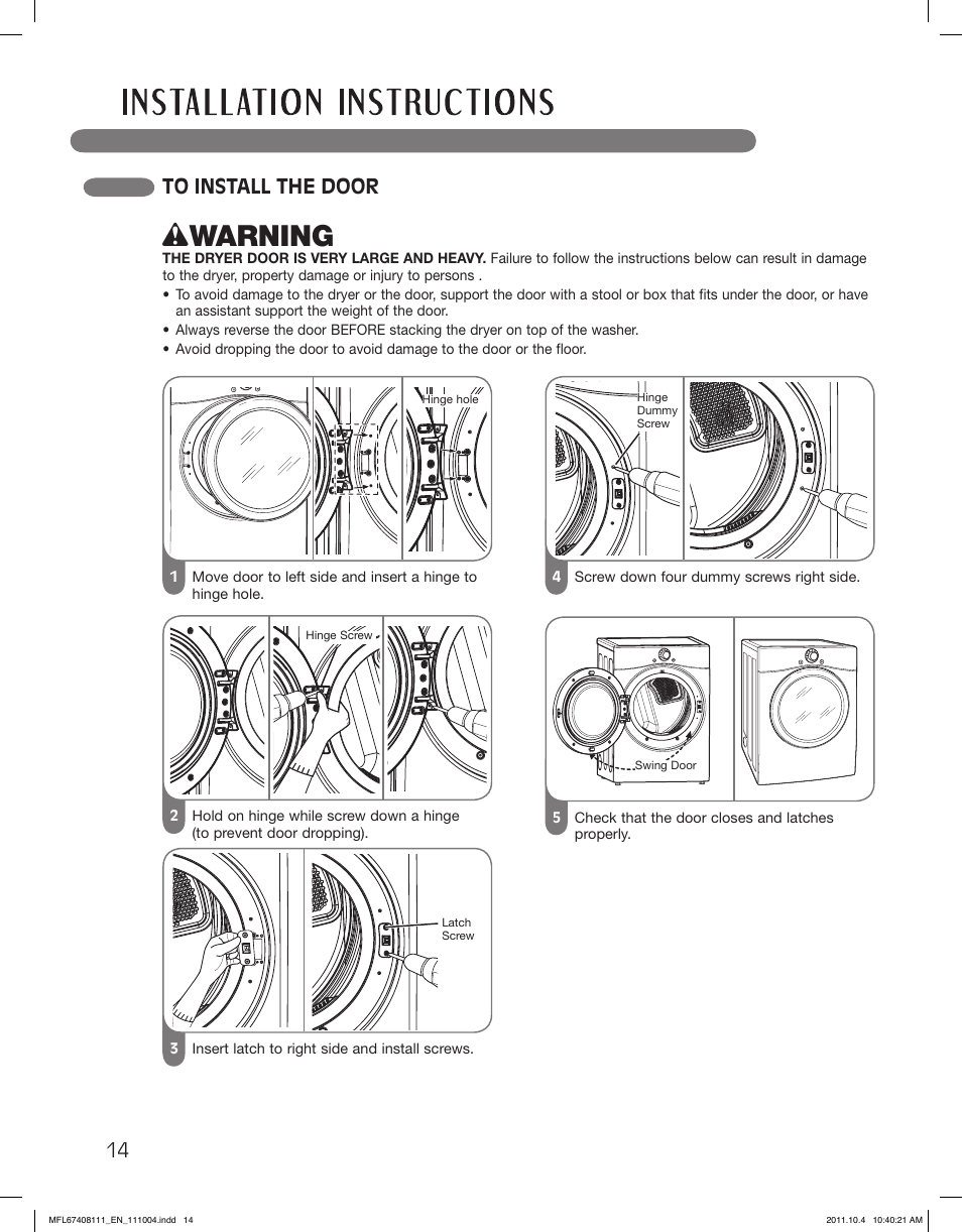 Wwarning | LG DLEX2650W User Manual | Page 14 / 100