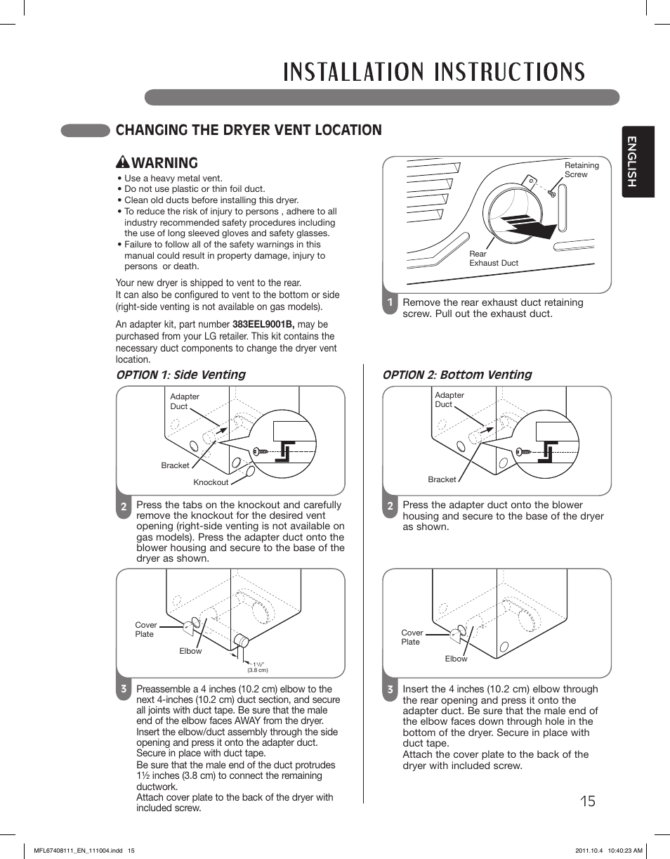 15 changing the dryer vent location, Warning, English | LG DLEX2650W User Manual | Page 15 / 100