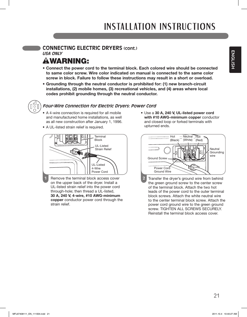 Wwarning, Connecting electric dryers | LG DLEX2650W User Manual | Page 21 / 100