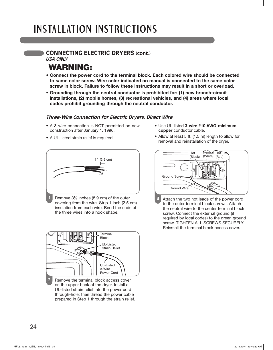 Warning, 24 connecting electric dryers | LG DLEX2650W User Manual | Page 24 / 100