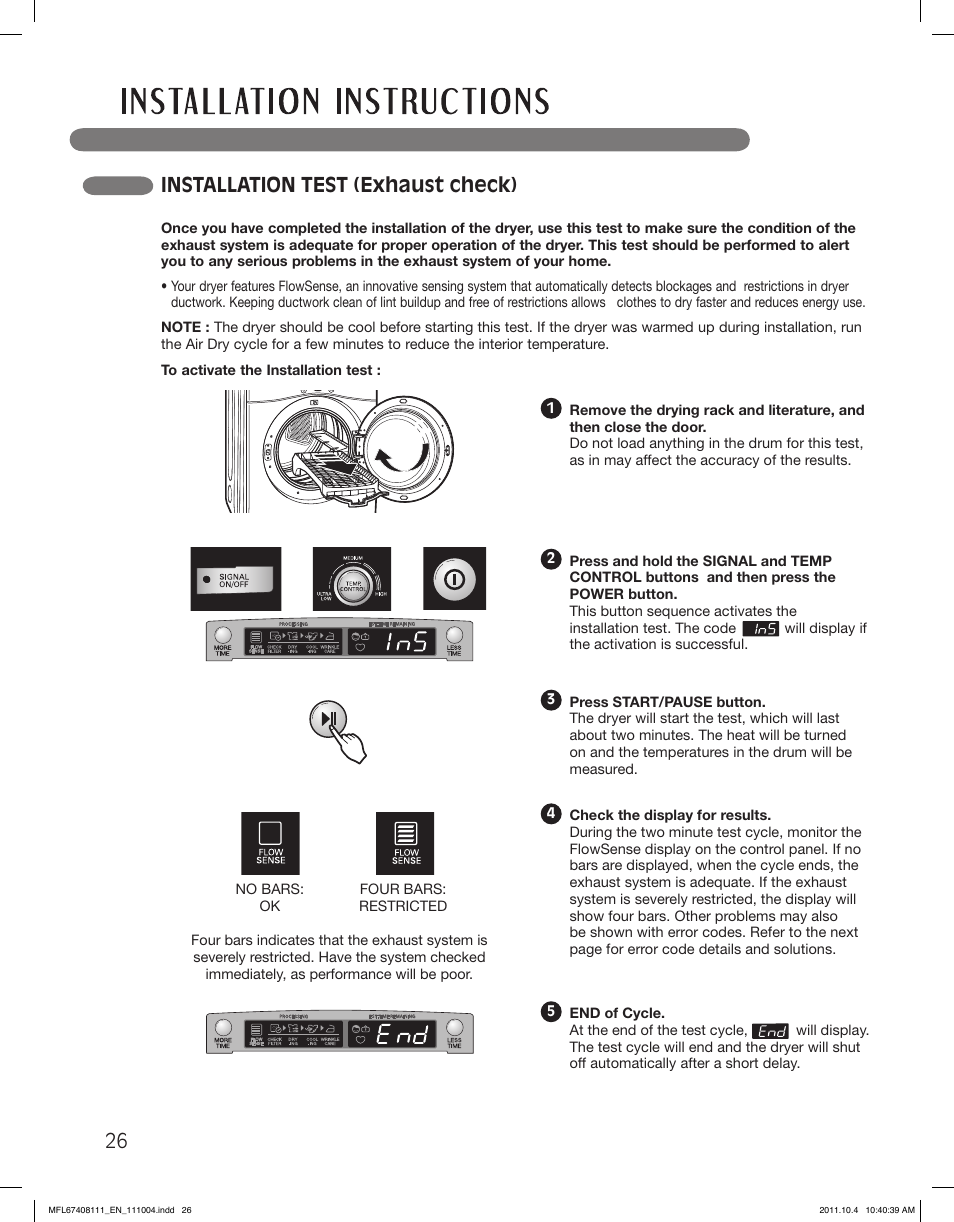 Installation test (exhaust check) | LG DLEX2650W User Manual | Page 26 / 100