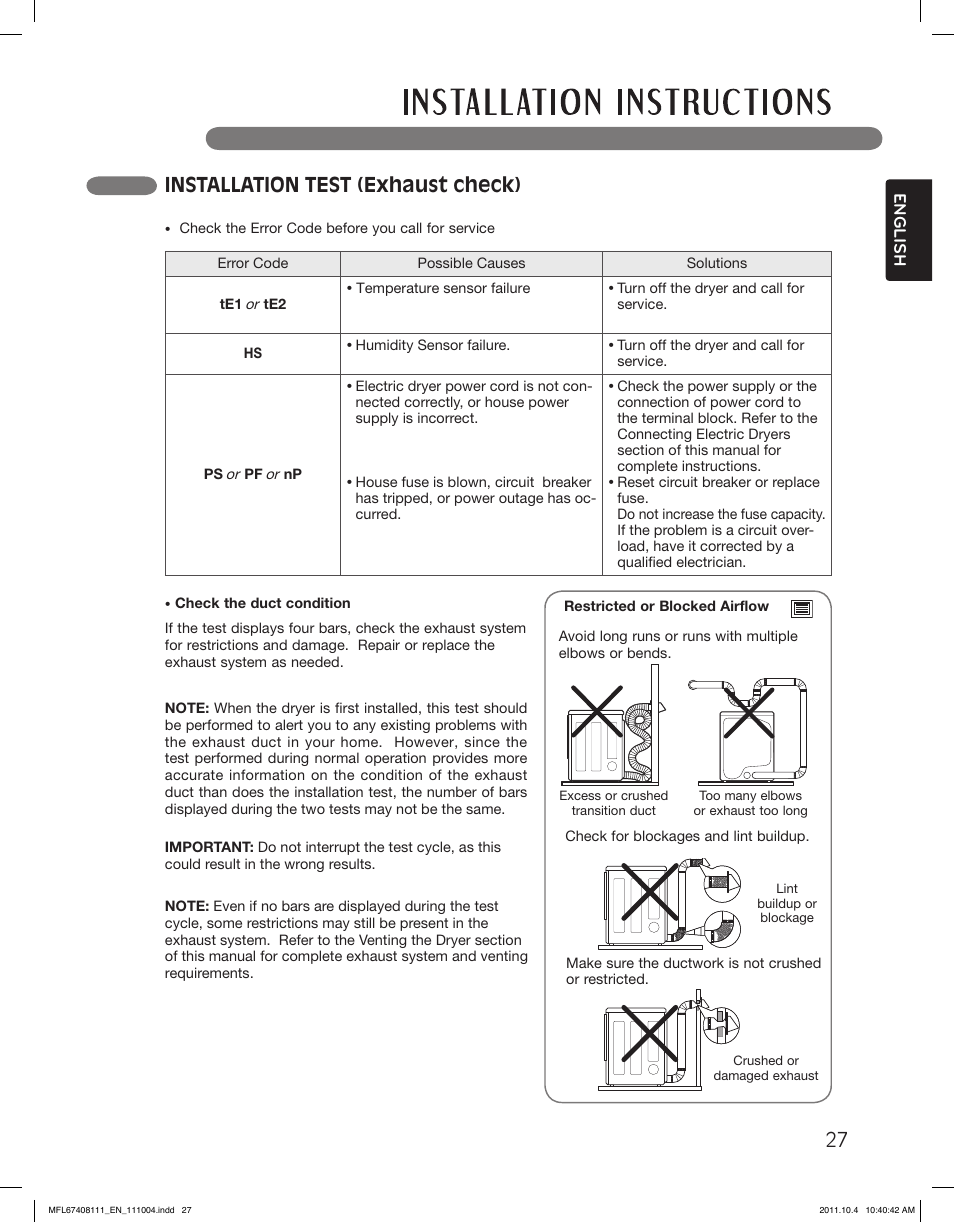 Installation test (exhaust check) | LG DLEX2650W User Manual | Page 27 / 100