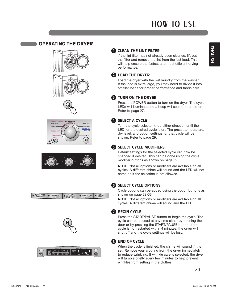 Operating the dryer | LG DLEX2650W User Manual | Page 29 / 100