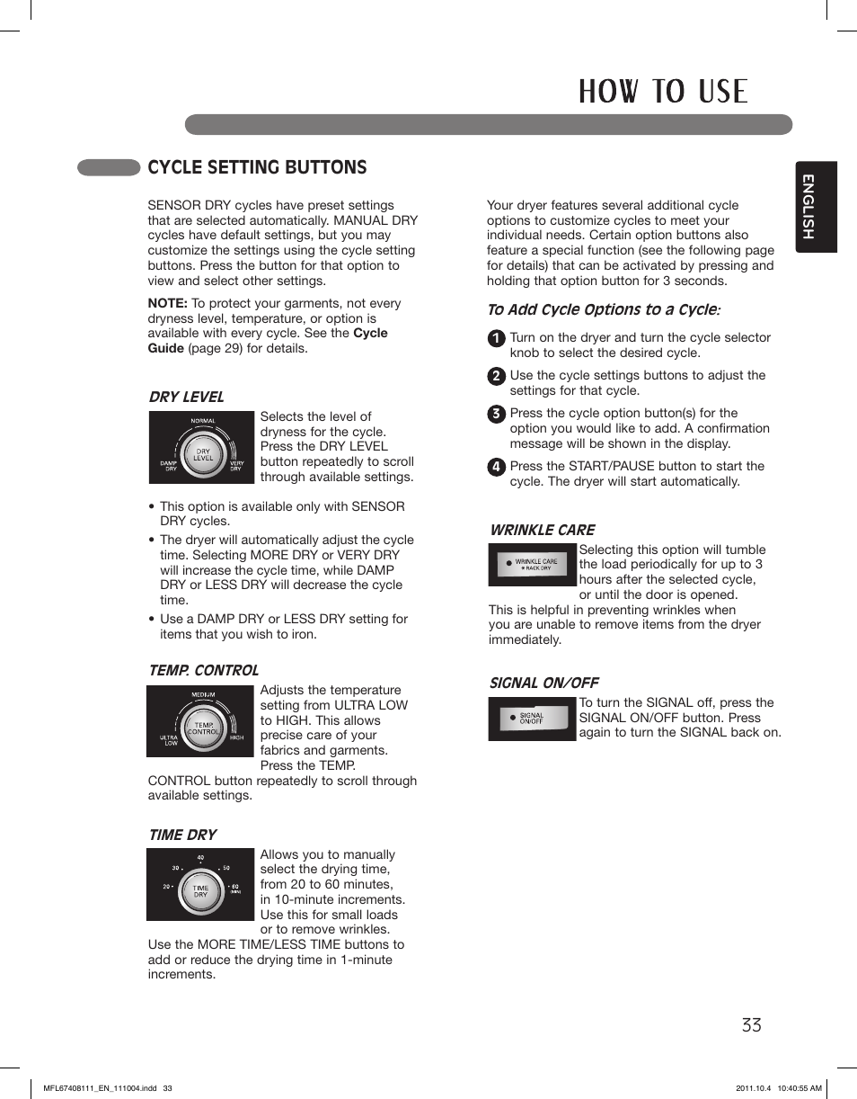 Cycle setting buttons | LG DLEX2650W User Manual | Page 33 / 100