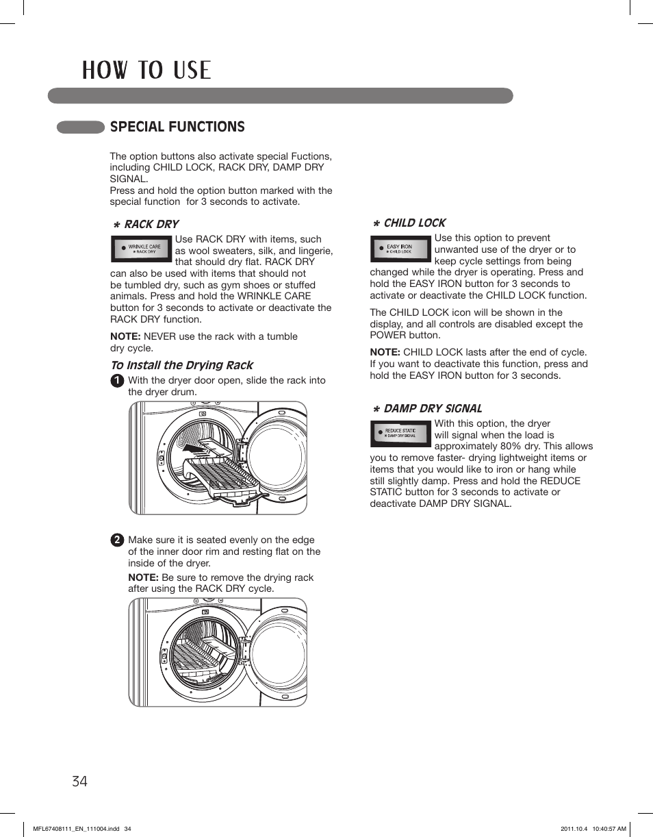 Special functions | LG DLEX2650W User Manual | Page 34 / 100