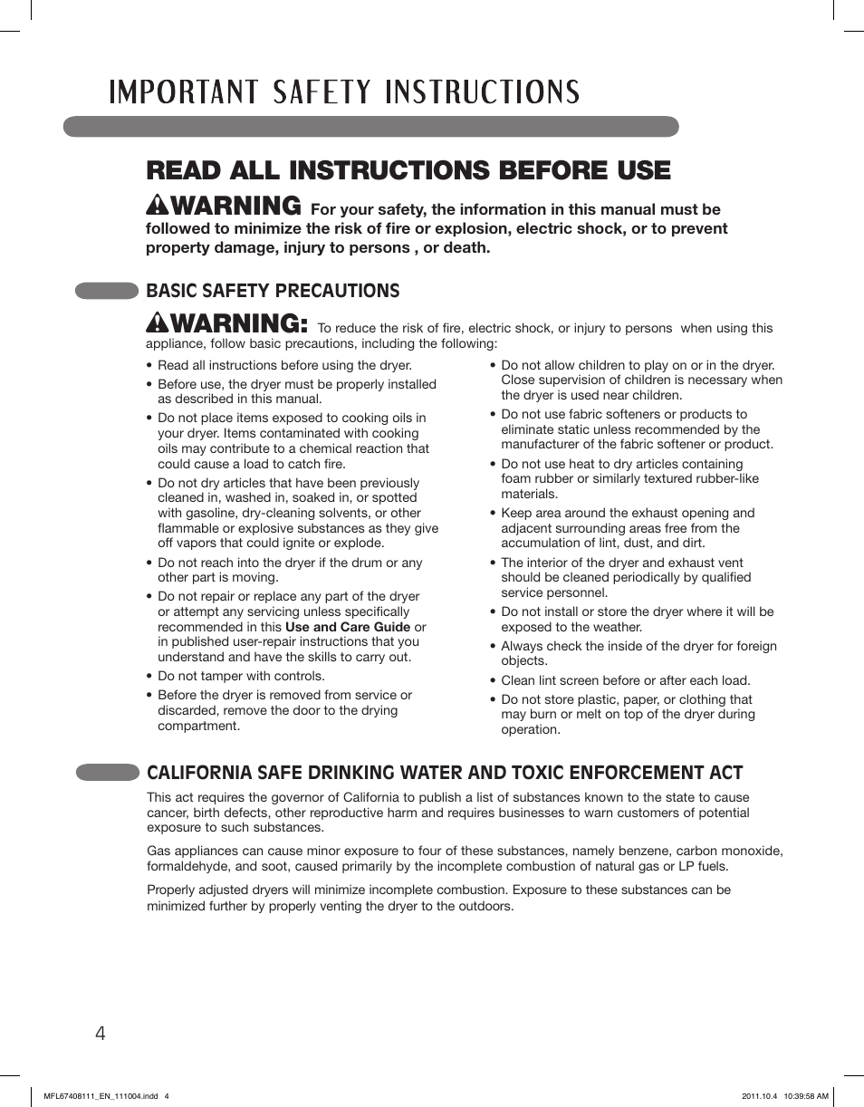 Read all instructions before use w warning, Wwarning, Basic safety precautions | LG DLEX2650W User Manual | Page 4 / 100