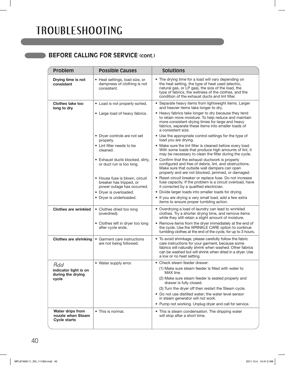 Before calling for service | LG DLEX2650W User Manual | Page 40 / 100