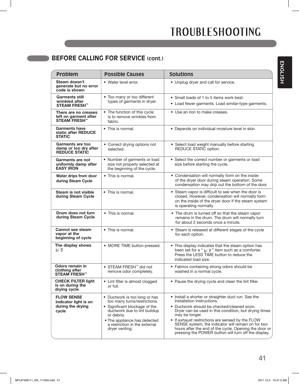 Before calling for service, English | LG DLEX2650W User Manual | Page 41 / 100