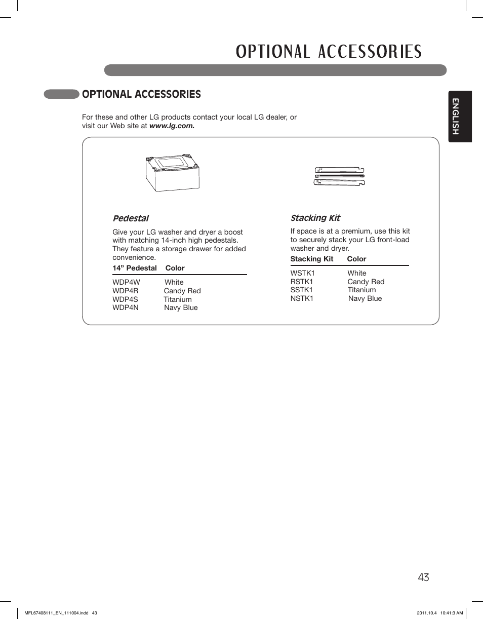 Optional accessories | LG DLEX2650W User Manual | Page 43 / 100