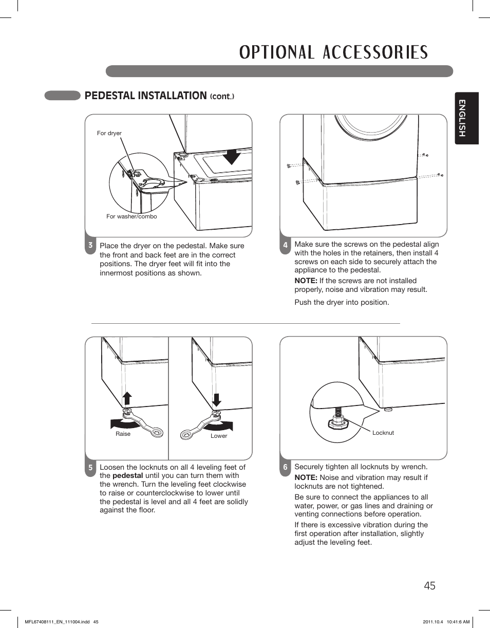 Pedestal installation | LG DLEX2650W User Manual | Page 45 / 100