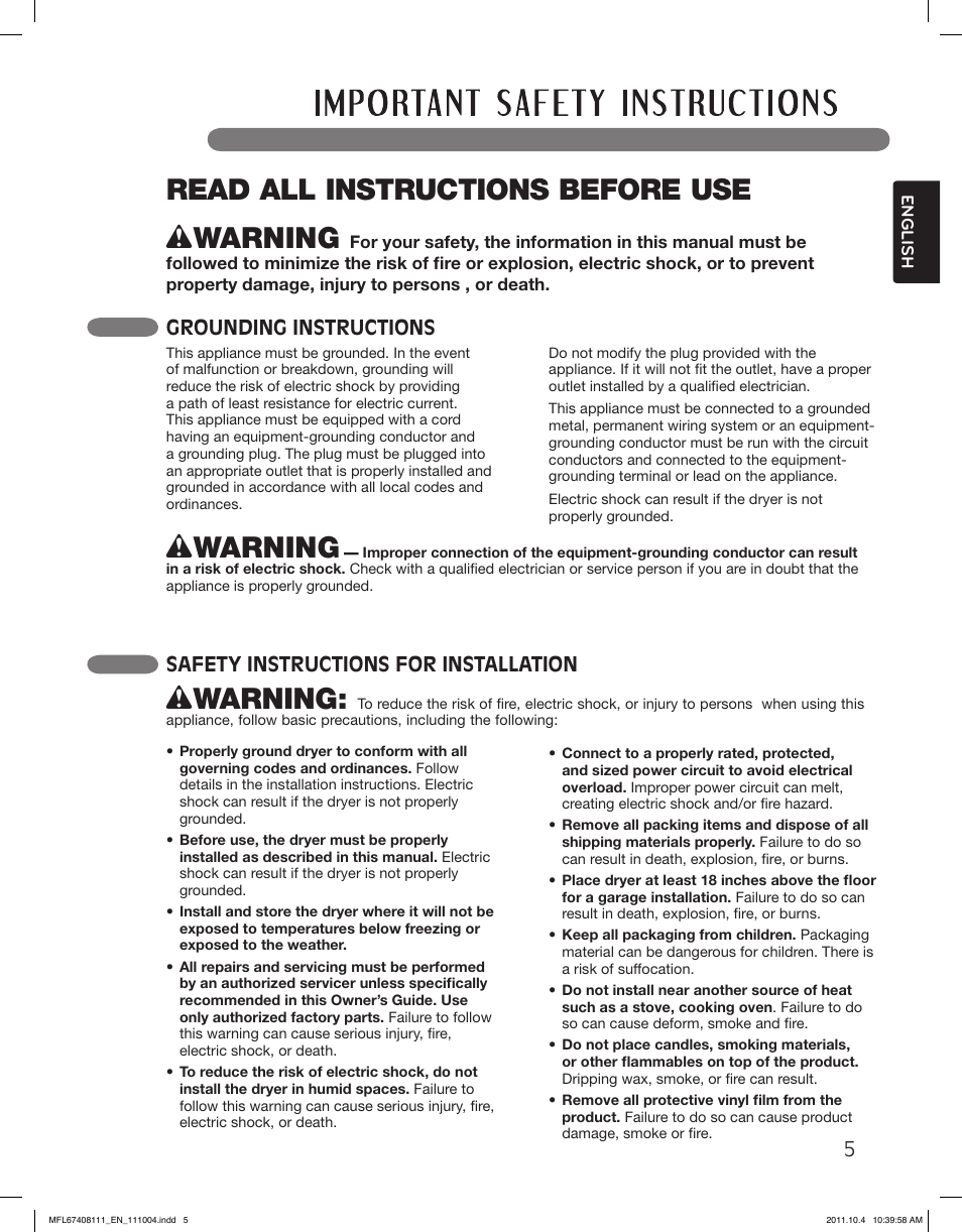 Wwarning, Read all instructions before use, Grounding instructions | Safety instructions for installation | LG DLEX2650W User Manual | Page 5 / 100