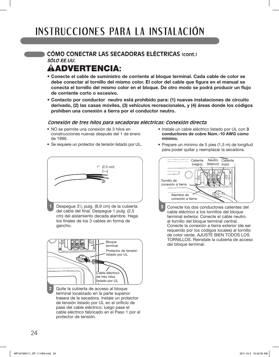 Wadvertencia, Cómo conectar las secadoras eléctricas | LG DLEX2650W User Manual | Page 72 / 100