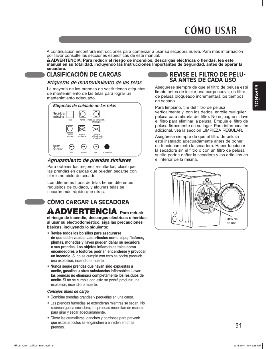 W advertencia, Clasificación de cargas, Cómo cargar la secadora | Revise el filtro de pelu- sa antes de cada uso, Esp anol | LG DLEX2650W User Manual | Page 79 / 100