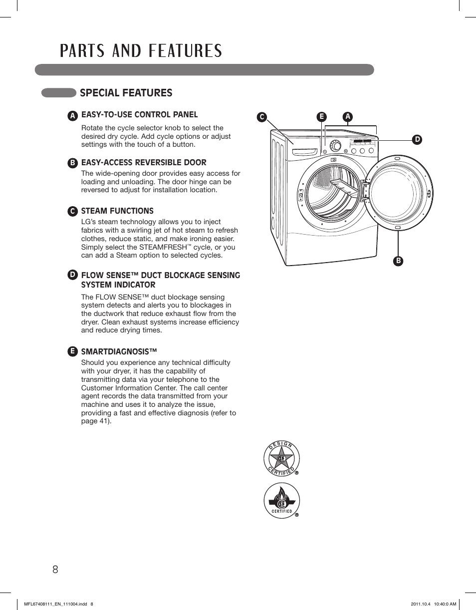 Special features | LG DLEX2650W User Manual | Page 8 / 100