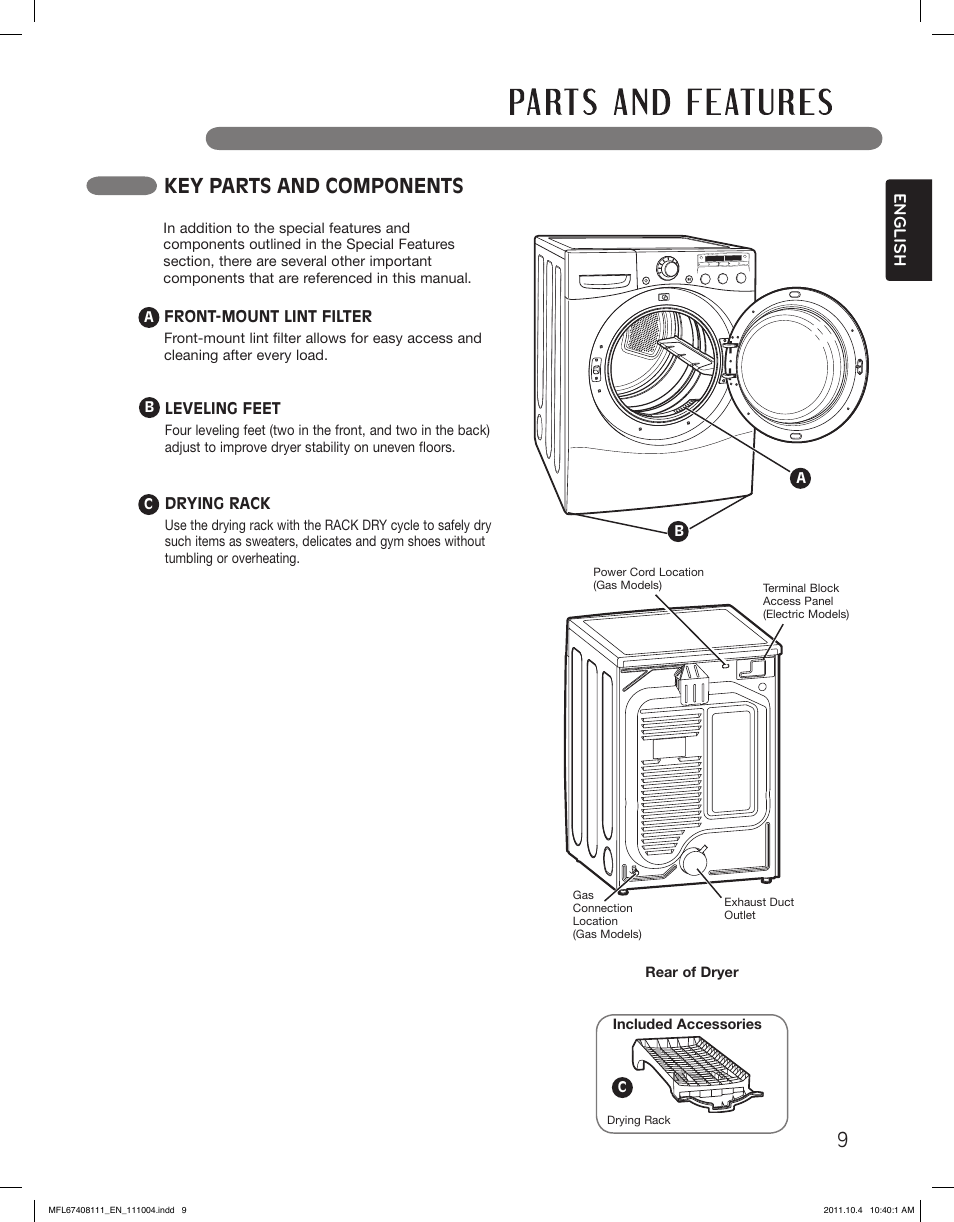 Key parts and components, English | LG DLEX2650W User Manual | Page 9 / 100