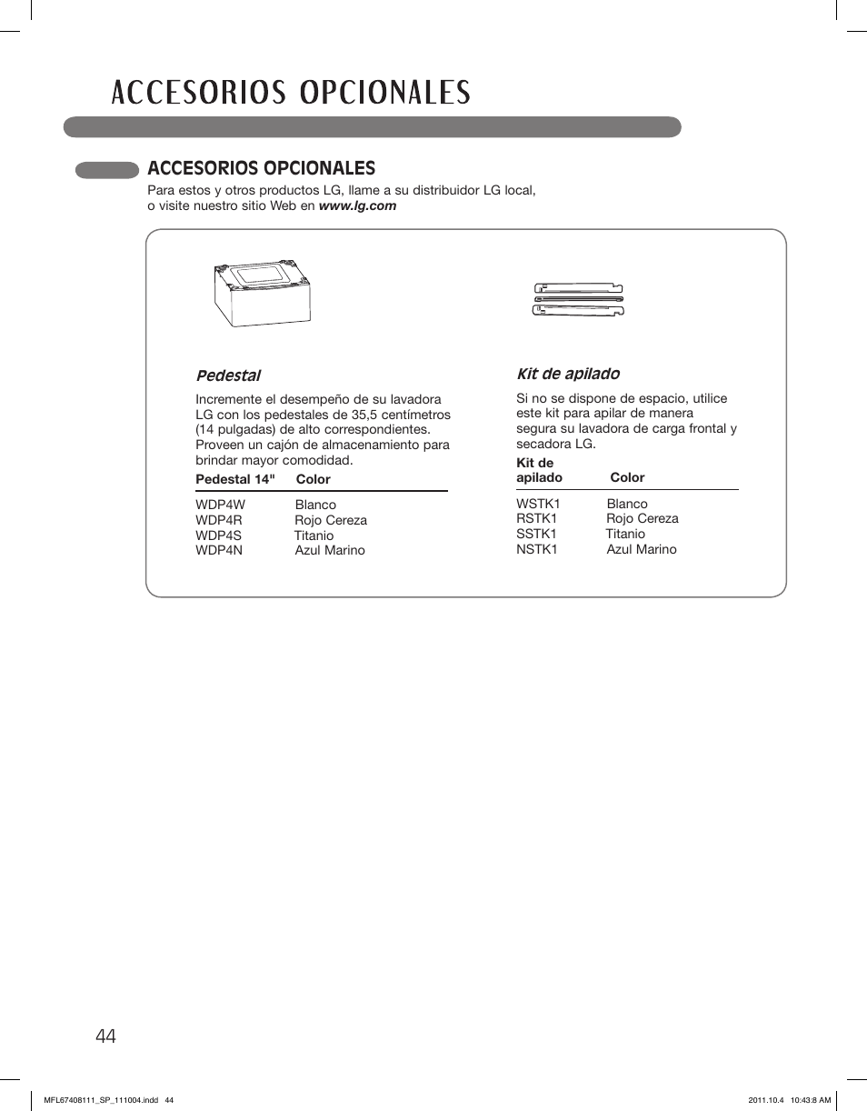 Accesorios opcionales | LG DLEX2650W User Manual | Page 92 / 100