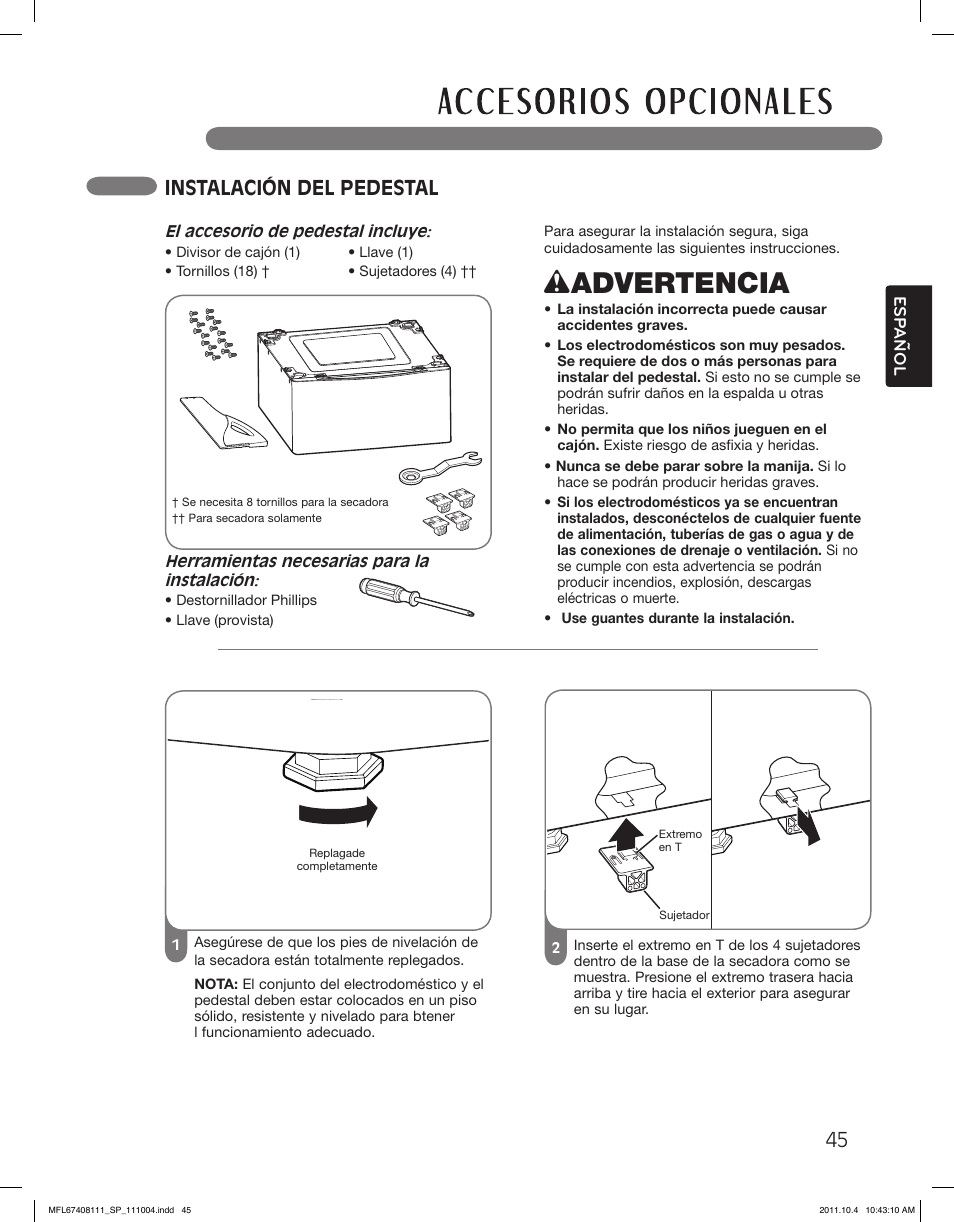 Wadvertencia, Instalación del pedestal | LG DLEX2650W User Manual | Page 93 / 100