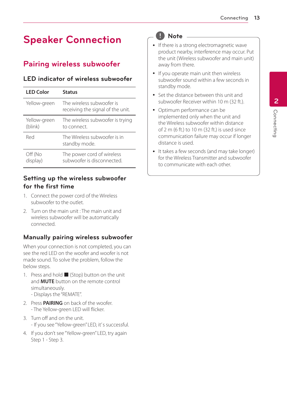 2 connecting, Speaker connection, Pairing wireless subwoofer | LG NB3730A User Manual | Page 13 / 66