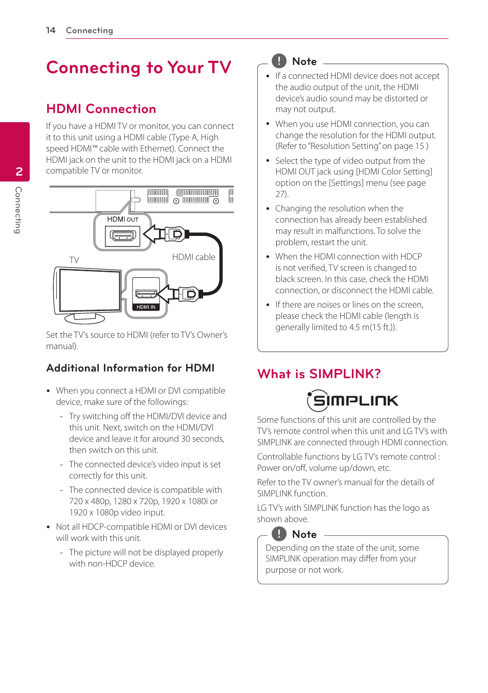 Connecting to your tv, Hdmi connection, What is simplink | LG NB3730A User Manual | Page 14 / 66
