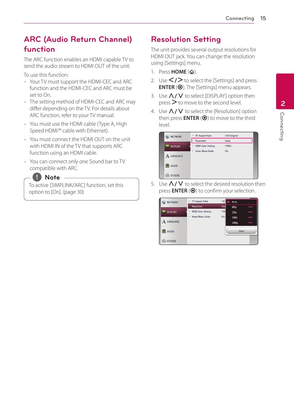 Arc (audio return channel) function, Resolution setting | LG NB3730A User Manual | Page 15 / 66