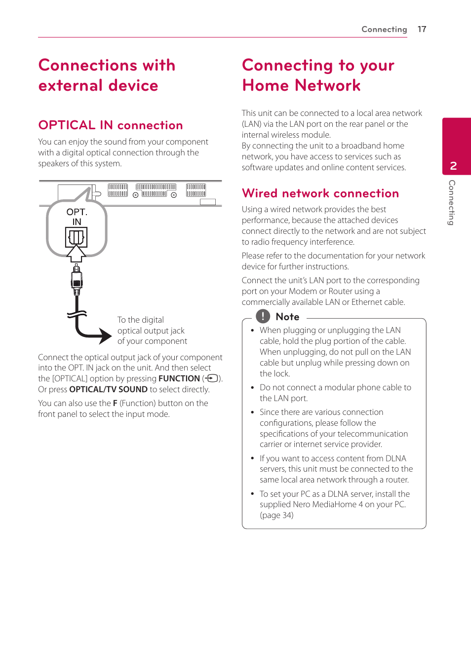 Connections with external device, Optical in connection, Connecting to your home network | Wired network connection | LG NB3730A User Manual | Page 17 / 66